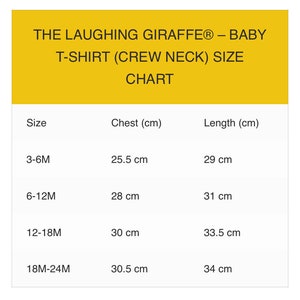 May include: Size chart for a baby t-shirt with crew neck. The chart shows chest and length measurements in centimeters for sizes 3-6M, 6-12M, 12-18M, and 18M-24M.