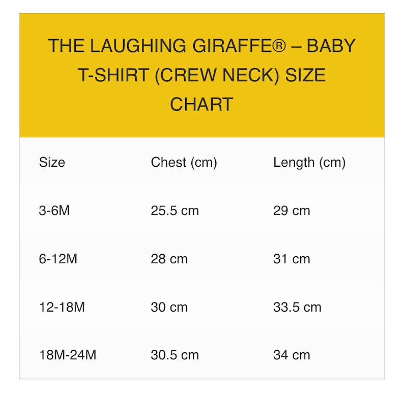 May include: Size chart for a baby t-shirt with crew neck. The chart shows chest and length measurements in centimeters for sizes 3-6M, 6-12M, 12-18M, and 18M-24M.
