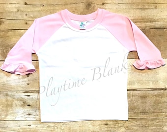 Sublimation Blanks- Infant/Toddler/Youth- White/Pink Ruffle Raglan Shirt- 65% Polyester