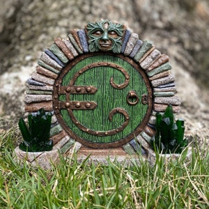 The Emerald Caverns Fairy Door: Green Man Stone Portal with Crystals
