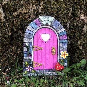 Secret Garden Fairy Door / Pink Door with Heart Mirror / Stone Door / Flower Door / Outdoor Decor / Tooth Fairy Door / Fairytale Door