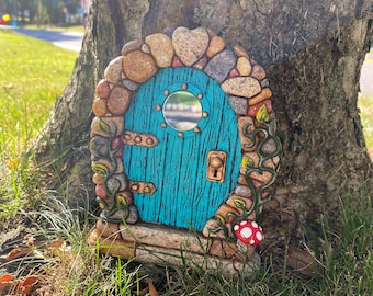 Magical Fairy Door / Blue Door with Mirror / Heart Stone Door / Handmade / Outdoor Decor / Fairy Garden / Fairytale Door / Tooth Fairy Door