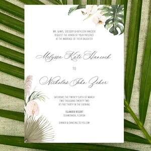 Convites de casamento Boho tropical, convite de casamento em acrílico tropical, convite de casamento em acrílico transparente, conjunto de convites de casamento na praia, casamento Islamorada