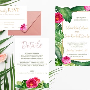 Tropical Wedding Invitation Set, Bright & Colorful Tropical Invite, Palm Leaf Wedding Invite, Beach Wedding Invite Set, Florida Keys Wedding