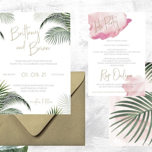Tropical Wedding Invitation Set, Tropical and Blush Wedding Invite, Palm Leaf Wedding Invite, Beach Wedding Invite Set, Florida Keys Wedding