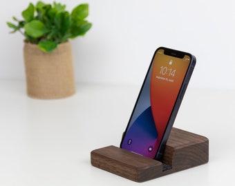 Solid walnut wood smartphone holder, wooden cellphone stand for desk. A desk accessory for home office and gift for him.