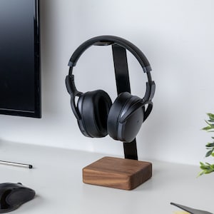 Premium hardwood headphone stand with solid steel rack and genuine leather on top, headphone holder, headset mount