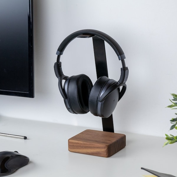 Support pour casque en bois dur de qualité supérieure avec support en acier massif et dessus en cuir véritable, support pour casque, support pour casque