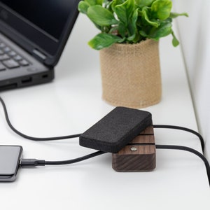 Magnetic walnut wood cable and cord organizer, 3 slots with suction pads on bottom, custom width, desk management and organizer