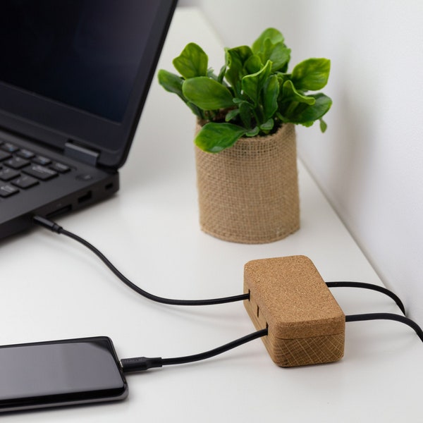 Magnetic oak wood cable and cord organizer, 3 slots with suction pads on bottom, custom width, desk management and organizer