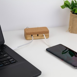Desk organizer - magnetic oak wood cable and cord organizer, 3 slots with suction pads on bottom, self adhesive, desk management