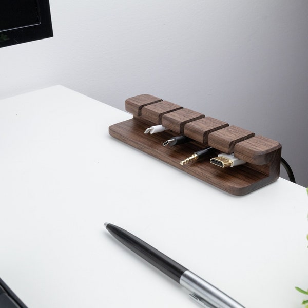 Wood cable and cord organizer, 5 slots with suction pads on bottom, custom width, desk management and organizer, unique gift