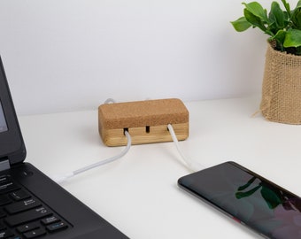 Desk organizer - magnetic oak wood cable and cord organizer, 3 slots with suction pads on bottom, self adhesive, desk management