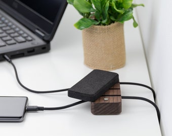 Magnetic walnut wood cable and cord organizer, 3 slots with suction pads on bottom, custom width, desk management and organizer