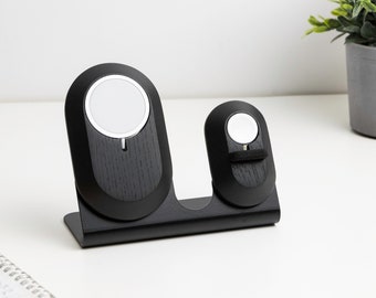 MagSafe & Apple Watch Charging Station: Wooden Dual Charger Stand One-Handed Design