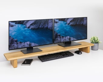 Solid Wood Dual Monitor Stand: Ergonomic Desk Riser Shelf