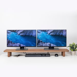 Grand support pour deux écrans en bois massif disponible en 2 tailles, étagère de bureau, écran et rehausseur pour ordinateur portable