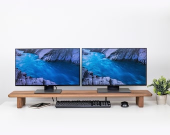 Solid Wood Dual Monitor Stand: Ergonomic Desk Shelf