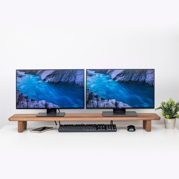 Large dual monitor stand made of solid wood in 2 sizes, desk shelf, monitor and laptop riser