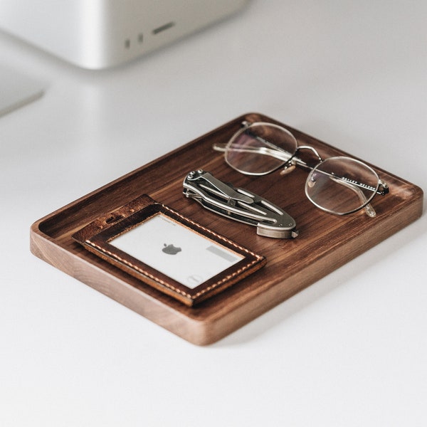 Fourre-tout en bois massif pour transporter vos objets de tous les jours, plateau pour portefeuille, organiseur de bureau, rangement pour table et bureau