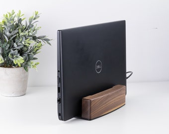 Laptop stand made of solid wood, vertical Macbook holder with steel bottom, Docking station with adjustable felt
