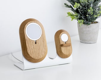 Wood desk accessories gift - 2 in 1 Magsafe and Apple Watch charging station, dual charger stand for iPhone 12/13/14/15