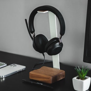 Premium hardwood headphone stand with solid steel rack and genuine leather on top, headphone holder, headset mount