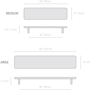 May include: Diagram showing the dimensions of two sizes of benches. The MEDIUM bench is 33 inches long by 9 inches wide and 24 inches tall. The LARGE bench is 42 inches long by 9 inches wide and 34 inches tall. Both benches have a height of 4.3 inches.