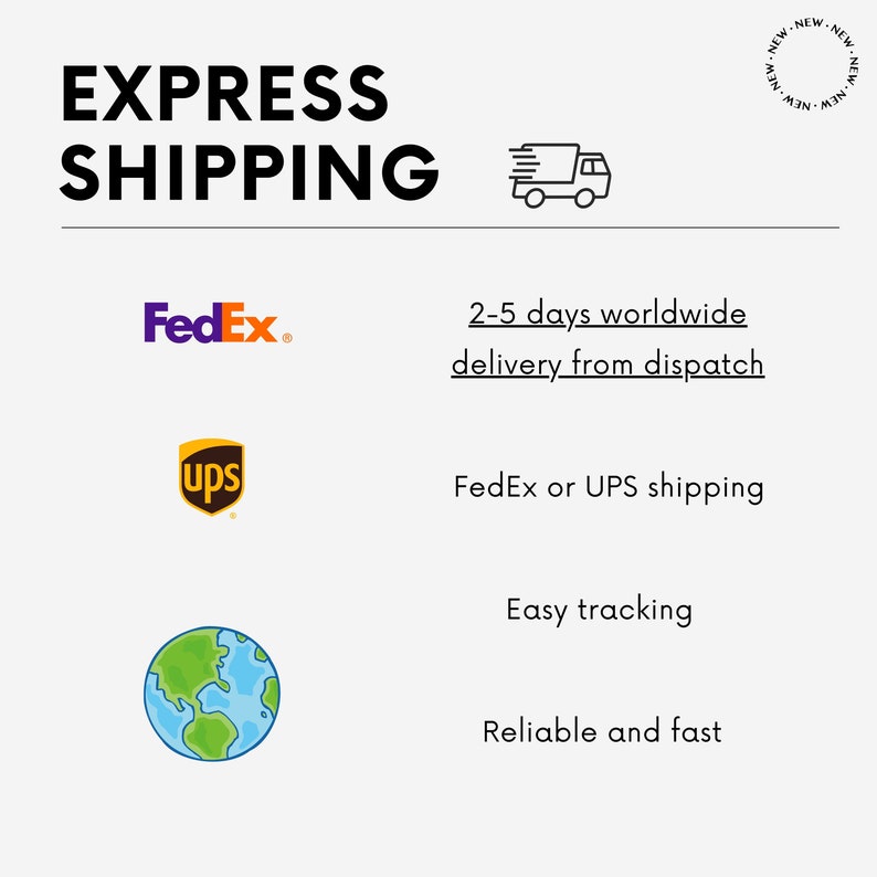Puede incluir: Opciones de env&iacute;o expr&eacute;s con FedEx y UPS. Entrega en todo el mundo en 2-5 d&iacute;as a partir del env&iacute;o. Seguimiento f&aacute;cil y env&iacute;o fiable y r&aacute;pido.