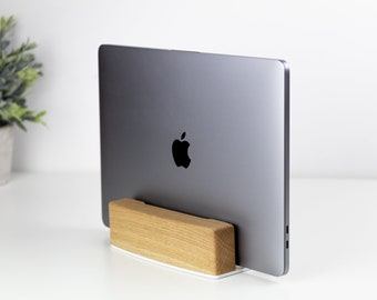 Solid Wood Vertical Laptop Stand: Adjustable Macbook Holder
