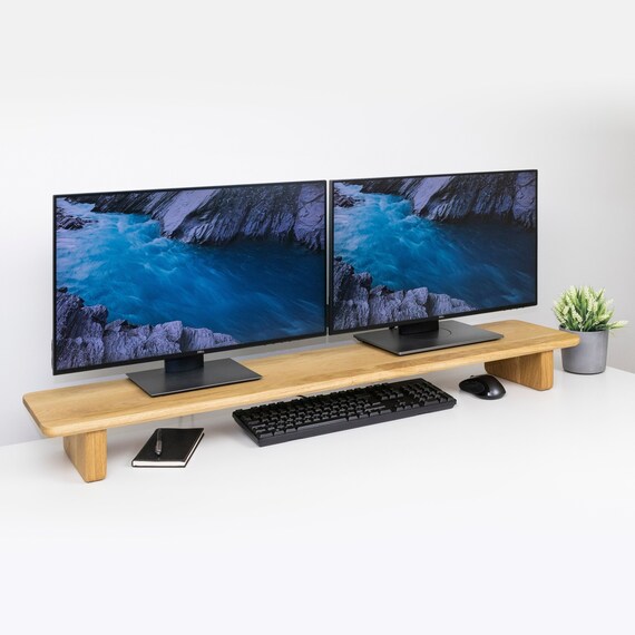 Solid Wood Dual Monitor Stand: Ergonomic Desk Shelf