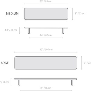 Puede incluir: Diagrama que muestra las dimensiones de dos tama&ntilde;os de bancos. El banco MEDIANO mide 83 cm de largo por 23 cm de ancho y 62 cm de alto. El banco GRANDE mide 107 cm de largo por 23 cm de ancho y 86 cm de alto. Ambos bancos tienen una altura de 11 cm.