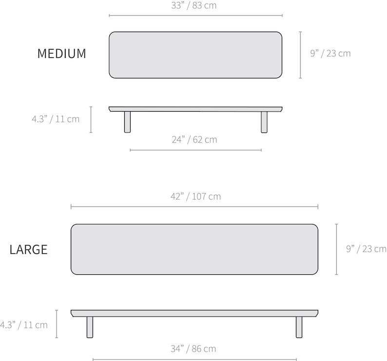 Puede incluir: Diagrama que muestra las dimensiones de dos tama&ntilde;os de bancos. El banco MEDIANO mide 83 cm de largo por 23 cm de ancho y 62 cm de alto. El banco GRANDE mide 107 cm de largo por 23 cm de ancho y 86 cm de alto. Ambos bancos tienen una altura de 11 cm.