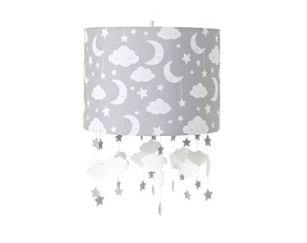 Baby cloud and stars easy fit Grey fabric light shade kids children's bedroom nursery light shade decoration