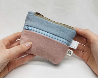 One off sustainable double zippered pouch  / handmade from thrifted and recycled materials / lightblue and green zipper