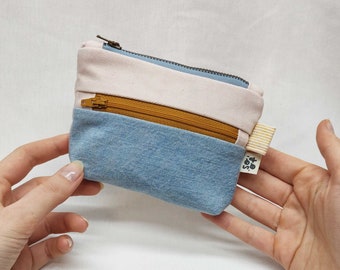 One off sustainable double zippered pouch  / handmade from thrifted and recycled materials / ocre and blue zipper