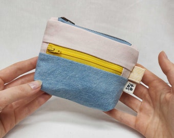 One off sustainable double zippered pouch  / handmade from thrifted and recycled materials / yellow zipper