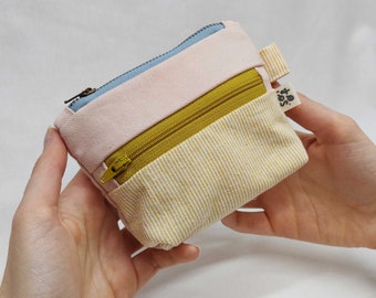 One off sustainable double zippered pouch  / handmade from thrifted and recycled materials / olive green and blue zipper