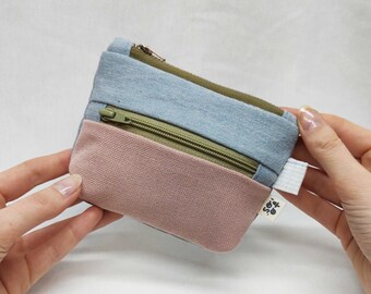 One off sustainable double zippered pouch  / handmade from thrifted and recycled materials / green zipper