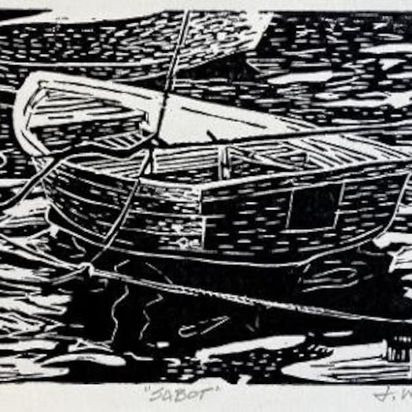 Linocut Print - Etching - Sabot - Boat - Long Beach - Black and White - Sailboat -Art - Wood Etching - Prints - Wall Decor -  Seascape