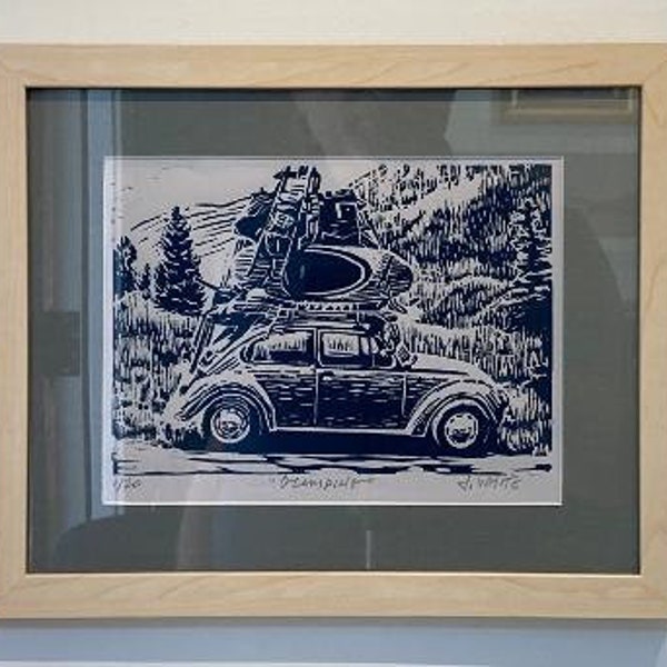 Linocut Print - Etching - Volkswagen - Glamping - Camping - Telluride - Colorado - Black and White - Woodblock - Print - Wall Decor - Sports