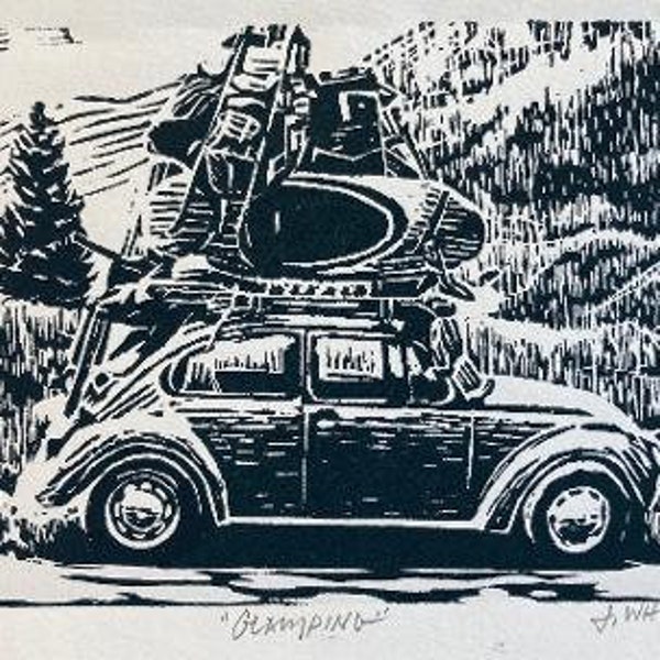 Linocut Print - Etching - Volkswagen - Glamping - Camping - Telluride - Colorado - Black and White - Woodblock - Print - Wall Decor - Sports