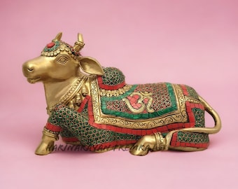 Nandi Statue in Brass, 33CM Big Large Brass Nandi Idol With Stonework, Gatekeeper of Shiva Parvati, Sacred Bull God Shiv Sevak Cow God Murty