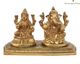 Brass Lakshmi Ganesha Statue, 15CM Laxmi Ganesh Idol in Brass With Base, Ganesh Laxmi Idol, Ganesha Laxmi Morti, Hindu gods of Wealth,Wisdom