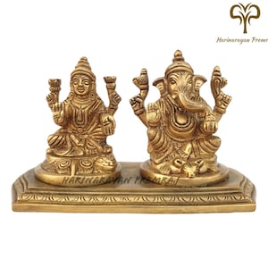 Brass Lakshmi Ganesha Statue, 15CM Laxmi Ganesh Idol in Brass With Base, Ganesh Laxmi Idol, Ganesha Laxmi Morti, Hindu gods of Wealth,Wisdom