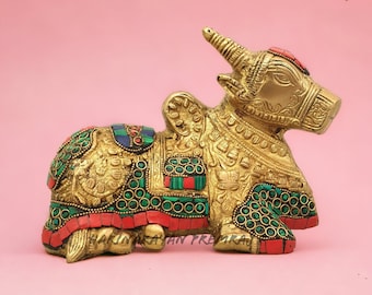 Brass Nandi with Stonework, 18CM Cow God Nandi Statue Sacred Bull Engarved Sculpture, Gatekeeper of Shiva Parvati, Indian Table Home Decor