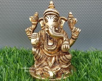 Lord Ganesha Brass Statue, 3" Inch, Ganesh Statue, Ganesha On Mouse Idol, Ganapati, Hindu Elephant God & Good Luck gift For New Beginnings.