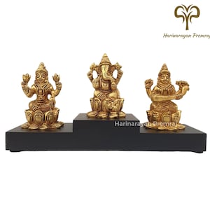 Brass Lakshmi Ganesha Saraswati Statue, 10CM Laxmi Ganesh Saraswati Idol in Brass Wooden Base Hindu gods of Wealth,Wisdom,Fortune,Arts,Music