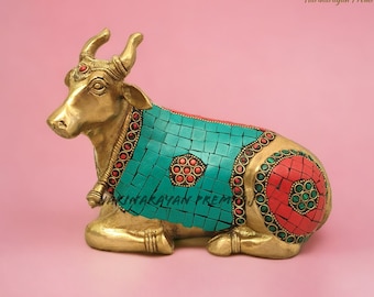 Brass Nandi Cow Sculpture with Stonework, 17CM Gatekeeper of Shiva & Parvati, God Nandi Statue Sacred Bull, Shiv Sevak, Indian Home Decor