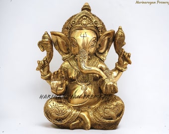 Estatua de Ganesha en latón, 21CM Big Brass Ganesh Murti, ídolo Ganpati del dios elefante, regalo hindú de buena suerte para nuevos comienzos, regalo de inauguración de la casa